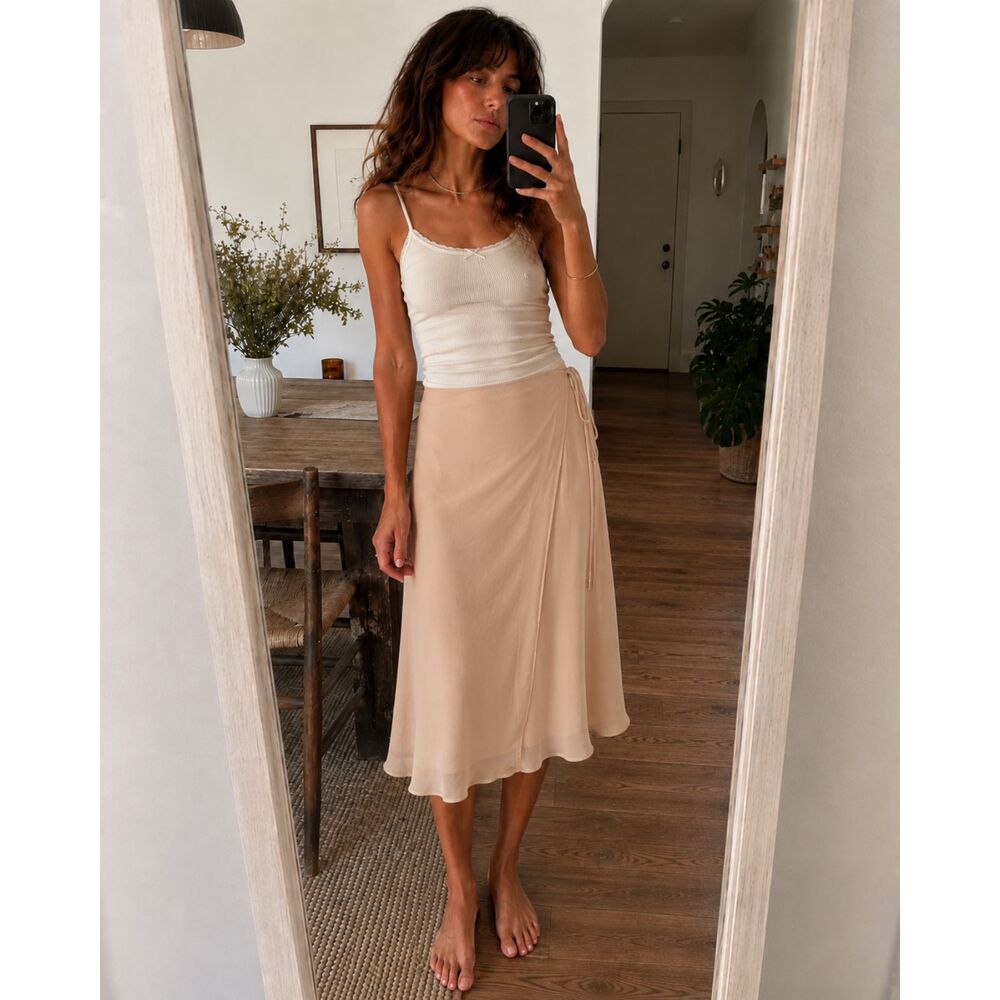 ATM Georgette Wrap Midi Skirt M Vacation Travel Minimalist Cocktail Party Tan